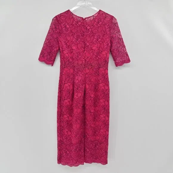 MONIQUE LHUILLIER Dress Sz 6 Pink Lace Sheath Floral Overlay Scalloped Cocktail - Picture 5 of 13